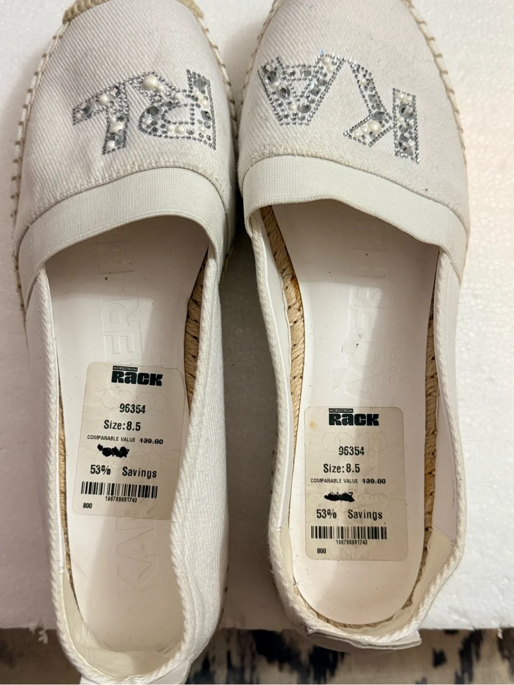 Karl Lagerfeld White Crystal Logo Espadrille Flats with Jute Sole